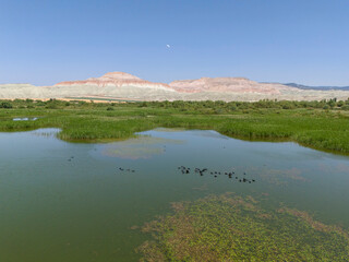 Beypazarı Nallihan Bird Sanctuary Ankara Turkey Serene Landscape of a Wetland with Colorful Hills. High-angle view of a tranquil wetland area with a calm body of water. Nallıhan Kus Cenneti Turkiye 