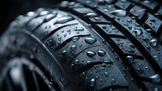 Close-up of a high-performance tire covered in water droplets highlights its tread pattern designed for optimal grip in wet conditions. The focus on detail emphasizes quality and durability