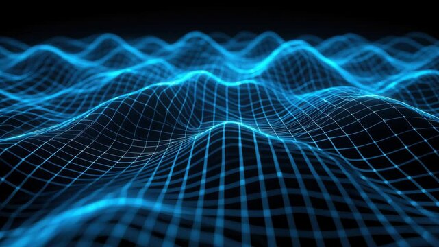 Colorful blue waves with a grid overlay represent data patterns in a digital terrain. The design evokes a sense of motion and technology in a dark setting