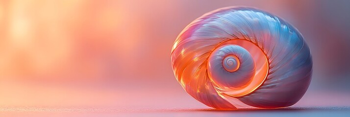 Close up of a seashell with a spiral design on a pink and orange background in soft focus style