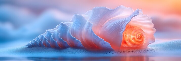 A large seashell on a sandy beach with a soft blue and orange color palette at sunset time