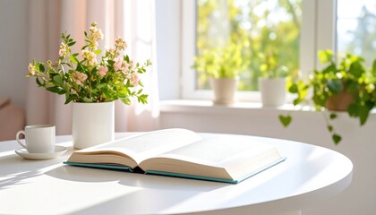 Open book and floral arrangement create serene ambiance in sunlit interior