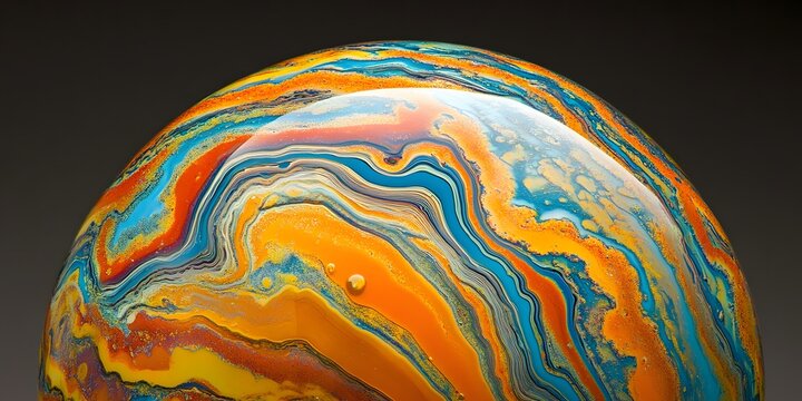 Close up of a colorful glass orb with swirling patterns of blue orange yellow and white shades on dark background