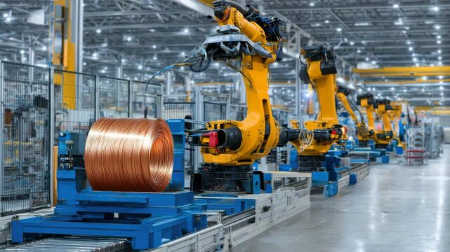 Innovative robotic arms are actively working on assembling copper coils in an advanced industrial setting. This automated process showcases the efficiency of modern manufacturing