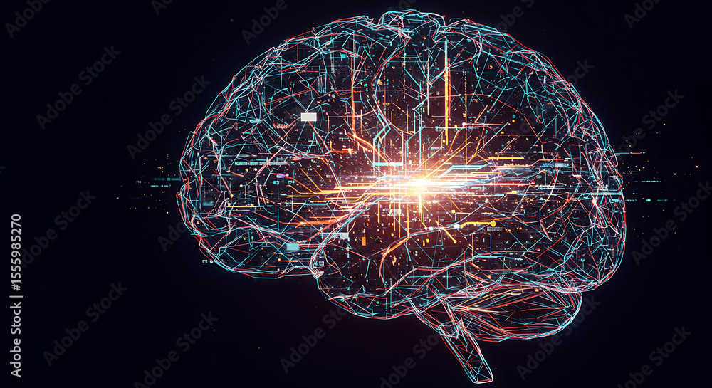Poster digital representation of a human brain with glowing connections, symbolizing intelligence and neura