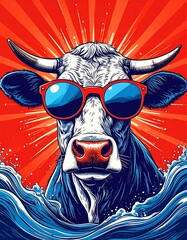 A highly stylized engraving-style illustration of a cow, wearing oversized round sung