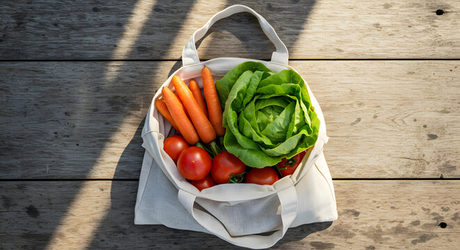 Fresh lettuce in mesh bag on rustic background emphasizing sustainability and plant-based lifestyle