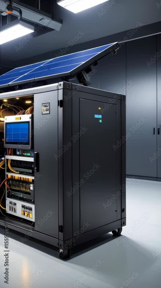 Poster solar powered server rack unit with computer monitor displays running in data center for clean energ