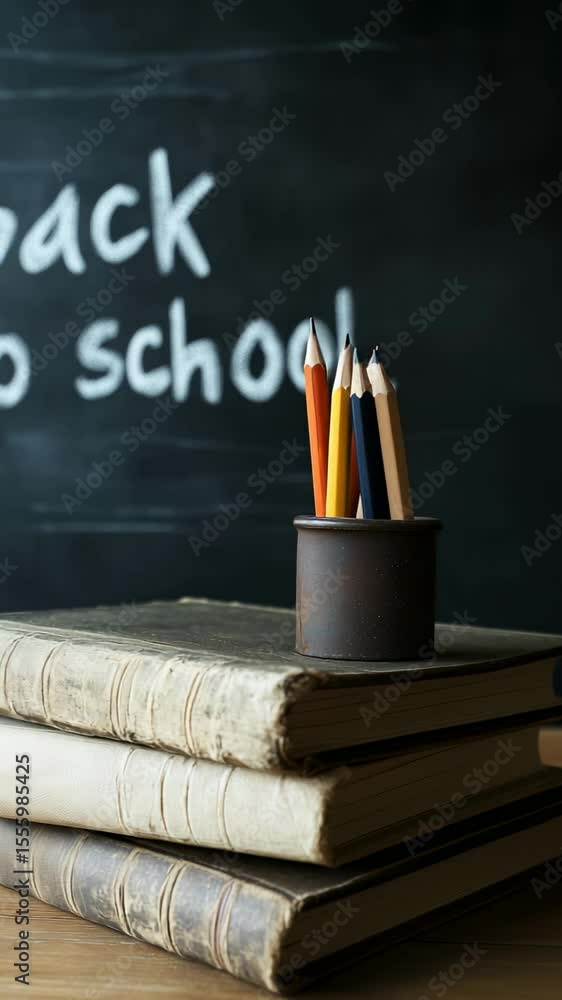 Poster stacked old books and colored pencils in a pencil holder sit on a wooden desk in front of a blackboa
