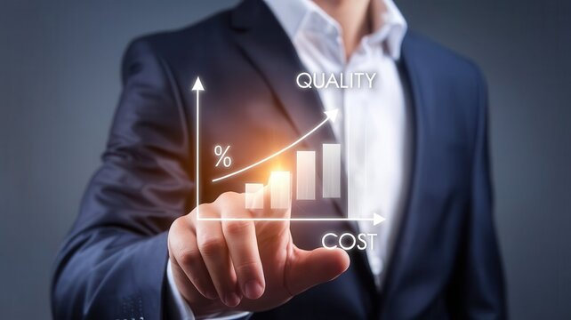 Businessman interacting with a virtual graph displaying quality and cost metrics - Powered by Adobe