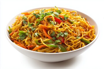 Delicious masala chowmein noodles with colorful vegetables served in a bowl on a white background, perfect for a satisfying meal any time of the day