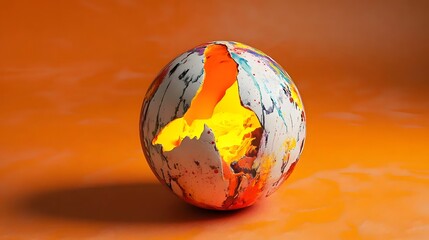 Cracked Glossy Clay Orb with Glowing Yellow Crystal Core