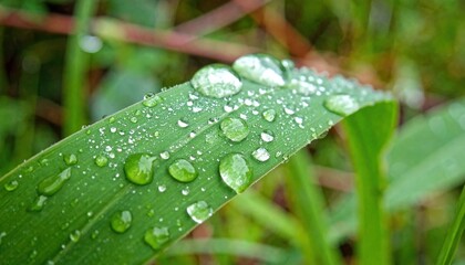 Refreshing Dew Adorning a Vibrant Green Blade of Grass in Natural Setting