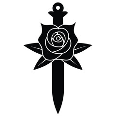 Black silhouette of a rose with a dagger and leaves on a white background