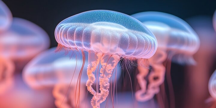 A close up view of several jellyfish with long tentacles swimming in a dark blue background