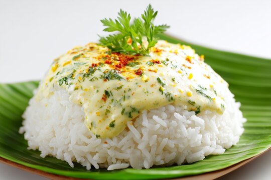 Close-up of matapa dish featuring coconut sauce over a mound of rice on a white background showcasing a vibrant culinary presentation