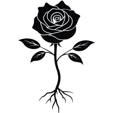 Naklejki Black silhouette of a rose with stem leaves and roots on a white background