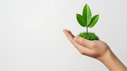 A human hand gently holds a small plant sprouting from lush green grass, symbolizing growth and sustainability in nature. Ideal for environmental themes.