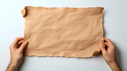 A pair of hands gently holds a crumpled brown paper sheet against a clean white background, perfect for showcasing creativity or artistic concepts.