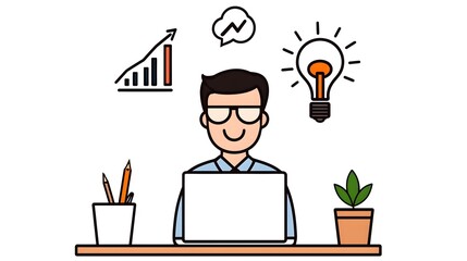 A cheerful man works on his laptop at a modern desk, surrounded by growth charts, an idea bulb, and a plant, symbolizing creativity and productivity in business.