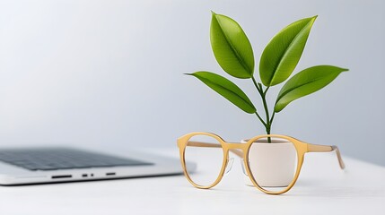 A chic pair of glasses rests beside a small green plant on a modern desk featuring a laptop. This composition evokes a fresh and inspiring workspace atmosphere.