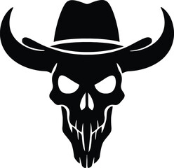 Longhorn Skull Wearing Cowboy Hat A Fierce Black and White Illustration