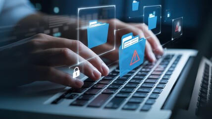 Cybersecurity threat detection while hands typing password on the laptop keyboard