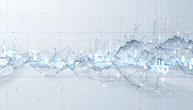 Complex network lines and data visualizations create an abstract tech landscape on a light background, ideal for presentations.