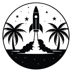 Rocket launching from tropical island with palm trees under a starry sky © Jannatun