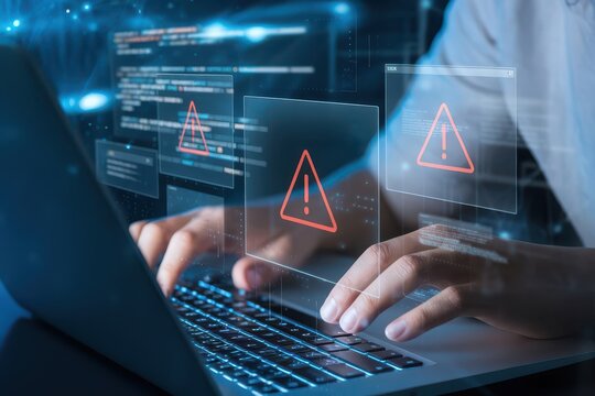 Cybersecurity threats detection on a laptop screen, digital alert and error