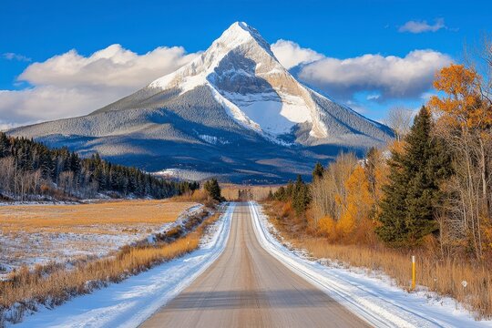 Snow Covered Road Leading to Majestic Snow Capped Mountain Peak in Autumn