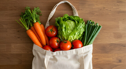 Flat lay of fresh carrots and lettuce in reusable fabric bag on rustic wooden background for eco-lifestyle theme