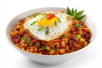 Nasi goreng kampung served with anchovies and a fried egg, showcasing vibrant colors on a white background