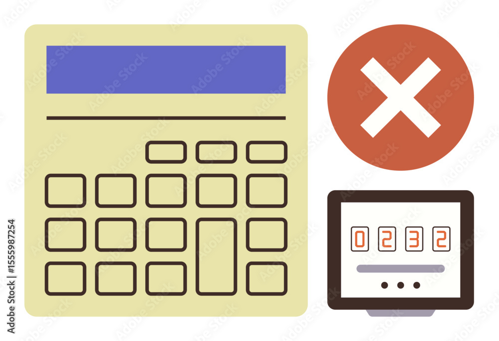 Aufkleber calculator with large keys, red error cross symbol, and digital counter display showcasing numbers. 