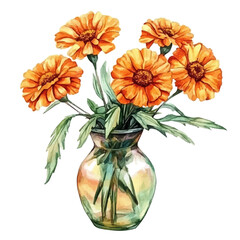 Obraz premium A Marigold In A Vase, watercolor painting vector, isolated on a white background.
