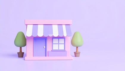 Pastel Colored Miniature Shopfront with Striped Awning and Potted Trees 3D Render