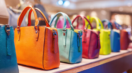 Colourful leather handbags on display in fashion store boutique showing variety and style in accessories shopping concept