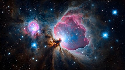 A vibrant nebula with pink and blue hues surrounded by a field of bright stars in deep space
