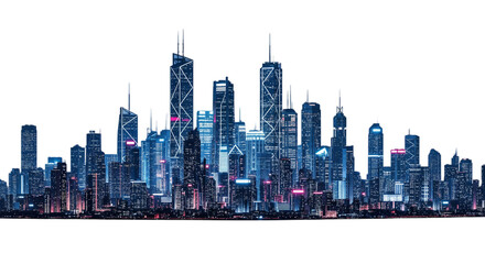 A futuristic city skyline with tall skyscrapers illuminated in blue and pink lights. The buildings vary in design and height, creating a modern urban landscape.