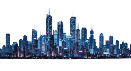 A futuristic city skyline with tall skyscrapers illuminated in blue and pink lights. The buildings vary in design and height, creating a modern urban landscape.
