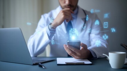 Innovative healthcare solutions modern doctor using augmented reality on smartphone