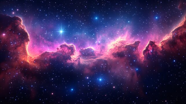 A vibrant nebula with pink and purple clouds and bright stars against a dark blue cosmic background