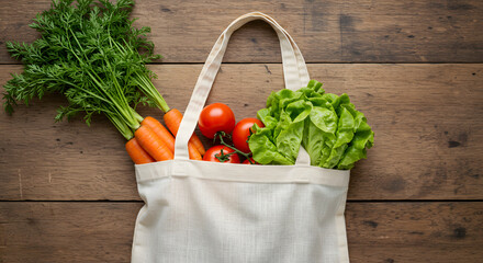 Fresh vegetables in a mesh bag on wooden surface promoting sustainability and organic lifestyle