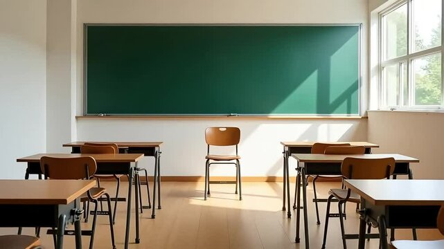 Classroom setup back to school education desks and chalkboard