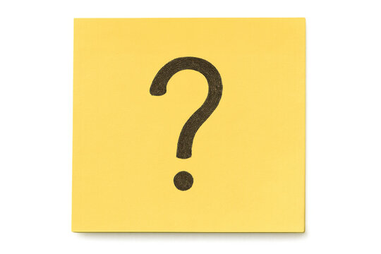 Large question mark hand-drawn on yellow sticky note isolated on transparent background, representing query, inquiry, and uncertainty