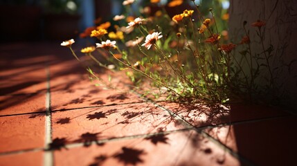 Wildflowers casting long shadows on terracotta patio tiles, dreamy ambiance