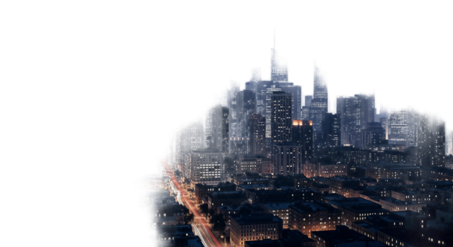 City skyline at night with illuminated buildings and streets. Dark background creates a transparent effect, highlighting urban architecture and city lights.