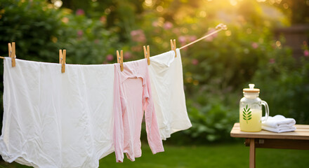 Freshly washed clothes hanging outdoors on a drying line under bright sunlight promoting sustainable laundry habits