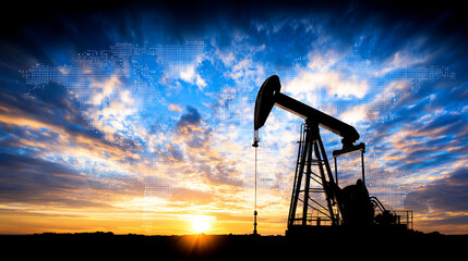 Oil pump jack silhouette under dramatic sunset sky, industry and energy resource extraction concept.