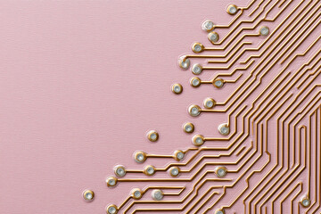 Golden circuit board with microchips, technical design in the pink background
